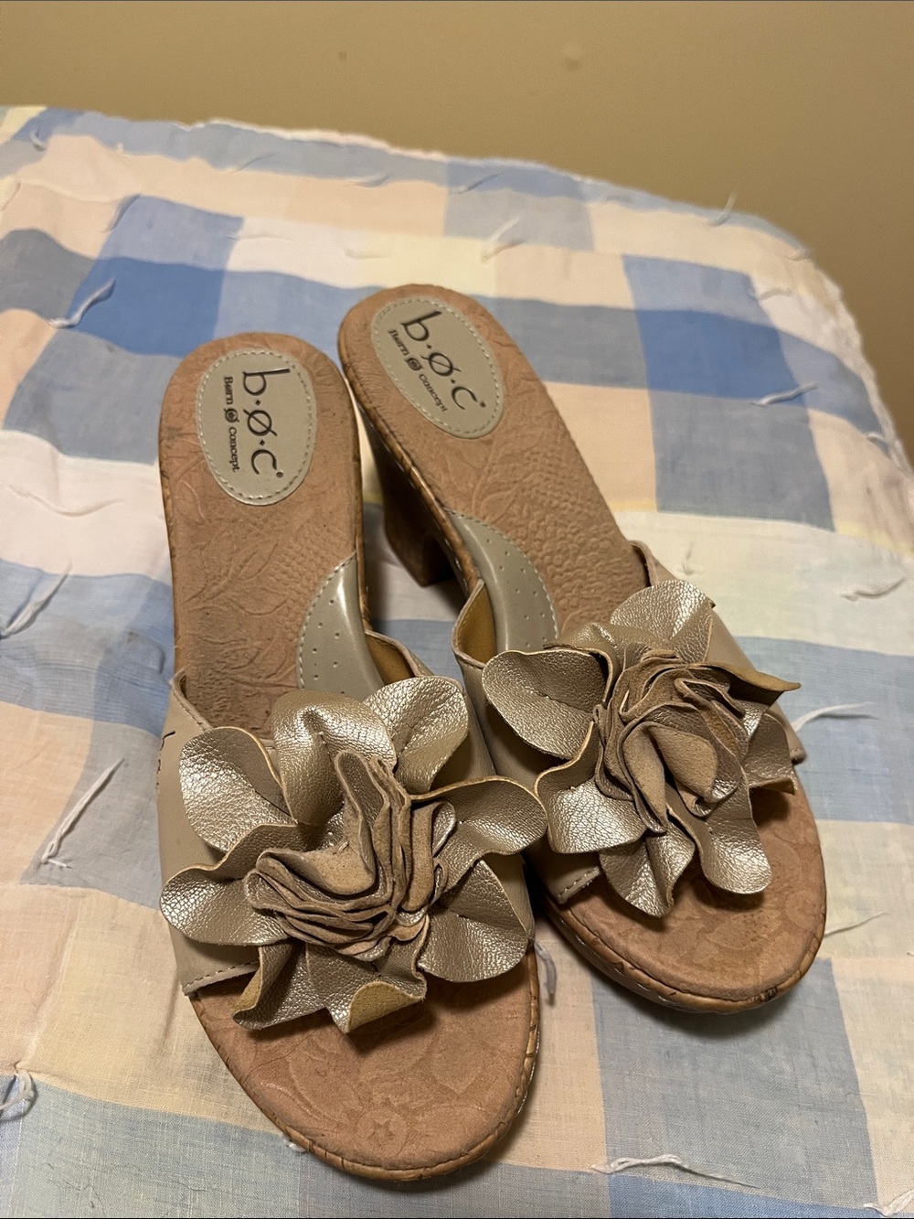 b.o.c. Taupe and Metallic Gold Floral Slide Mules